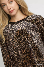 Umgee Leopard Round Neck Three-Quarter Sleeve Blouse | Blouses Daverri Fashions
