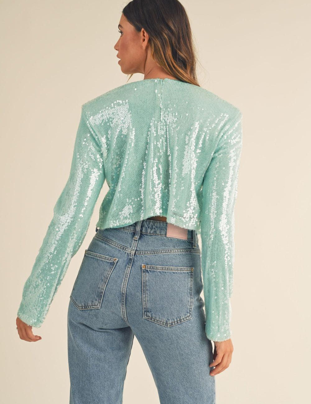 MABLE Shoulder Padded Sequin Crop Top | Tops Daverri Fashions
