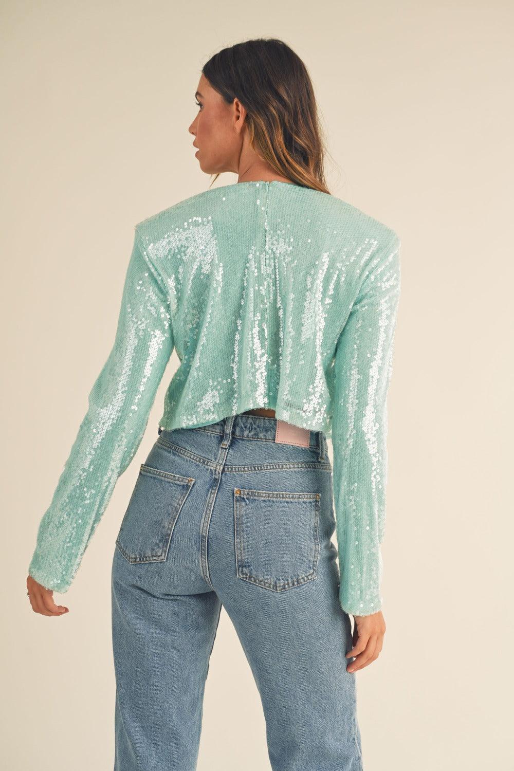 MABLE Shoulder Padded Sequin Crop Top - DAVERRI FASHIONS