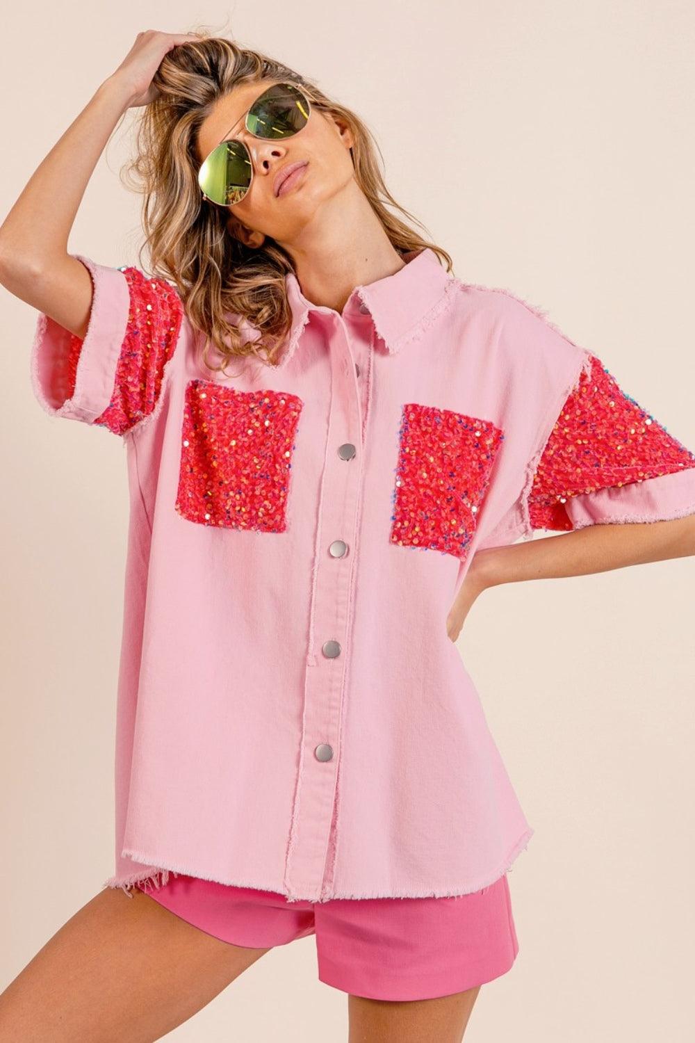 BiBi Sequin Detail Raw Hem Short Sleeve Shirt Pink Fuchsia Shirts & Tops