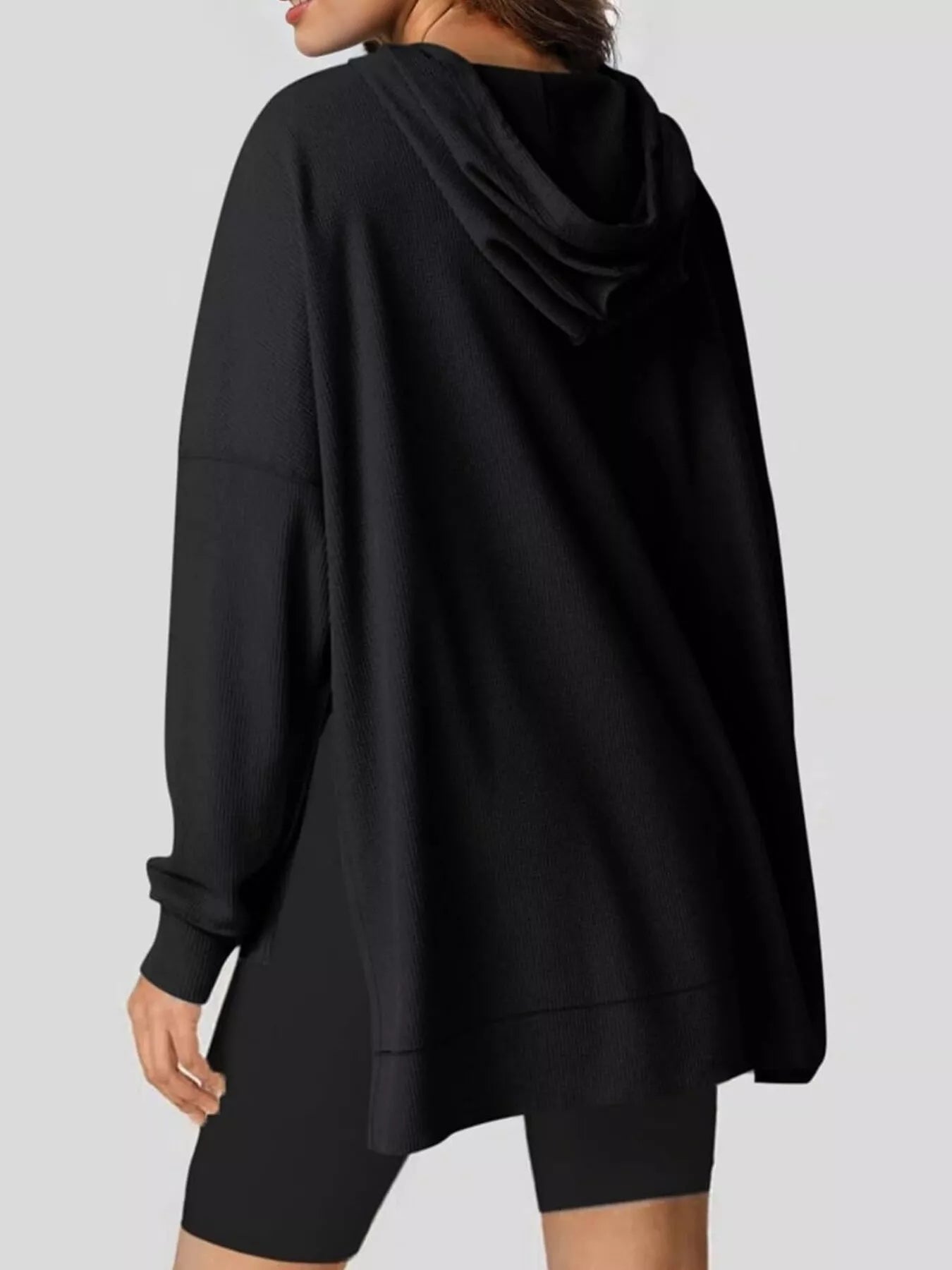 Black Daverri oversized drawstring side slit hoodie with relaxed silhouette
