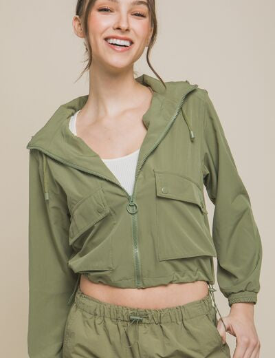 Love Tree Drawstring Hem Hooded Zip-Up Jacket Lt.Olive