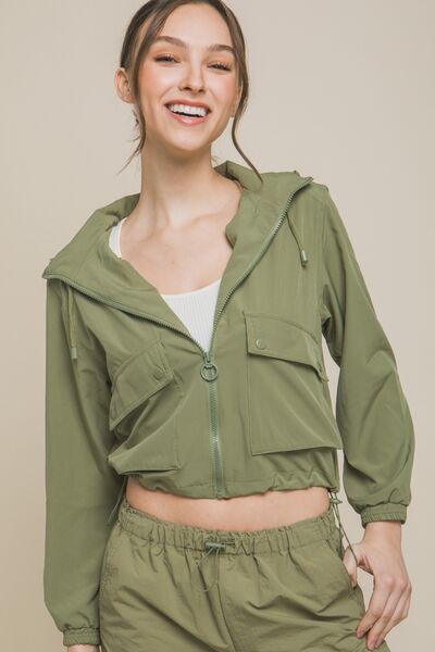 Love Tree Drawstring Hem Hooded Zip-Up Jacket Lt.Olive