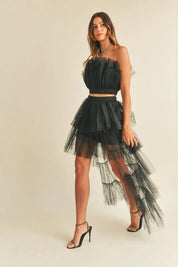 MABLE Tulle Tube Ruffle Crop Top and High Low Maxi Skirt Set | Outfit Sets Daverri Fashions