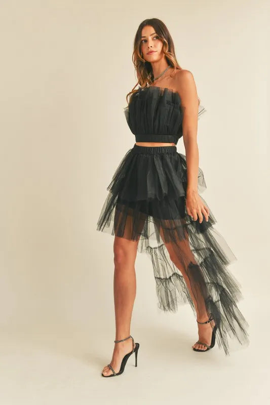 MABLE Tulle Tube Ruffle Crop Top and High Low Maxi Skirt Set Skirt Sets