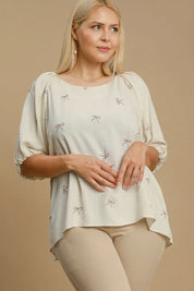 Umgee Full Size Linen Blend Ribbon Embroidered Top Plus Size | Daverri Fashions