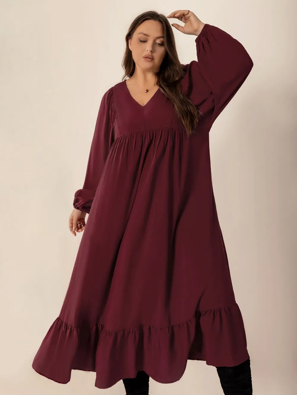 Plus Size Ruffled Hem V-Neck Balloon Sleeve Dress | Daverri Fashions