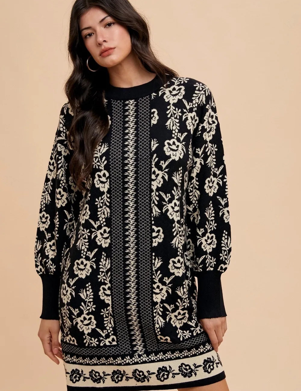 Black and white floral embroidered Annie Wear puff sleeve sweater dress