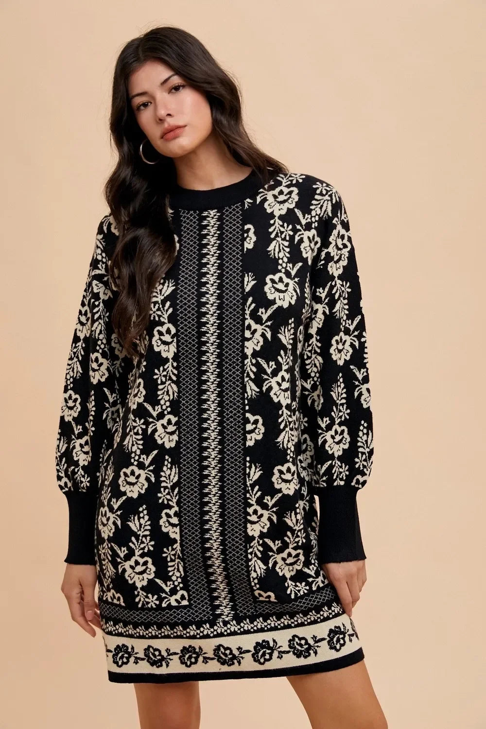 Black and white floral embroidered Annie Wear puff sleeve sweater dress