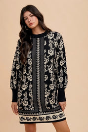 Black and white floral embroidered Annie Wear puff sleeve sweater dress