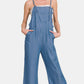 Zenana Washed Adjustable Strap Wide Leg Denim Overalls
