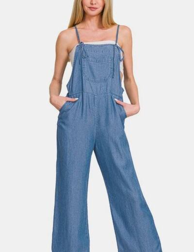 Zenana Washed Adjustable Strap Wide Leg Denim Overalls Dusty Blue