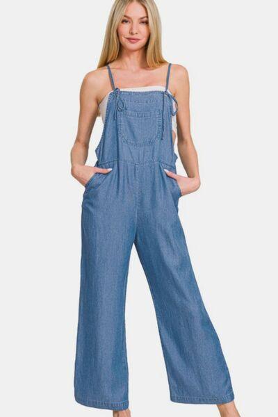 Zenana Washed Adjustable Strap Wide Leg Denim Overalls Dusty Blue S