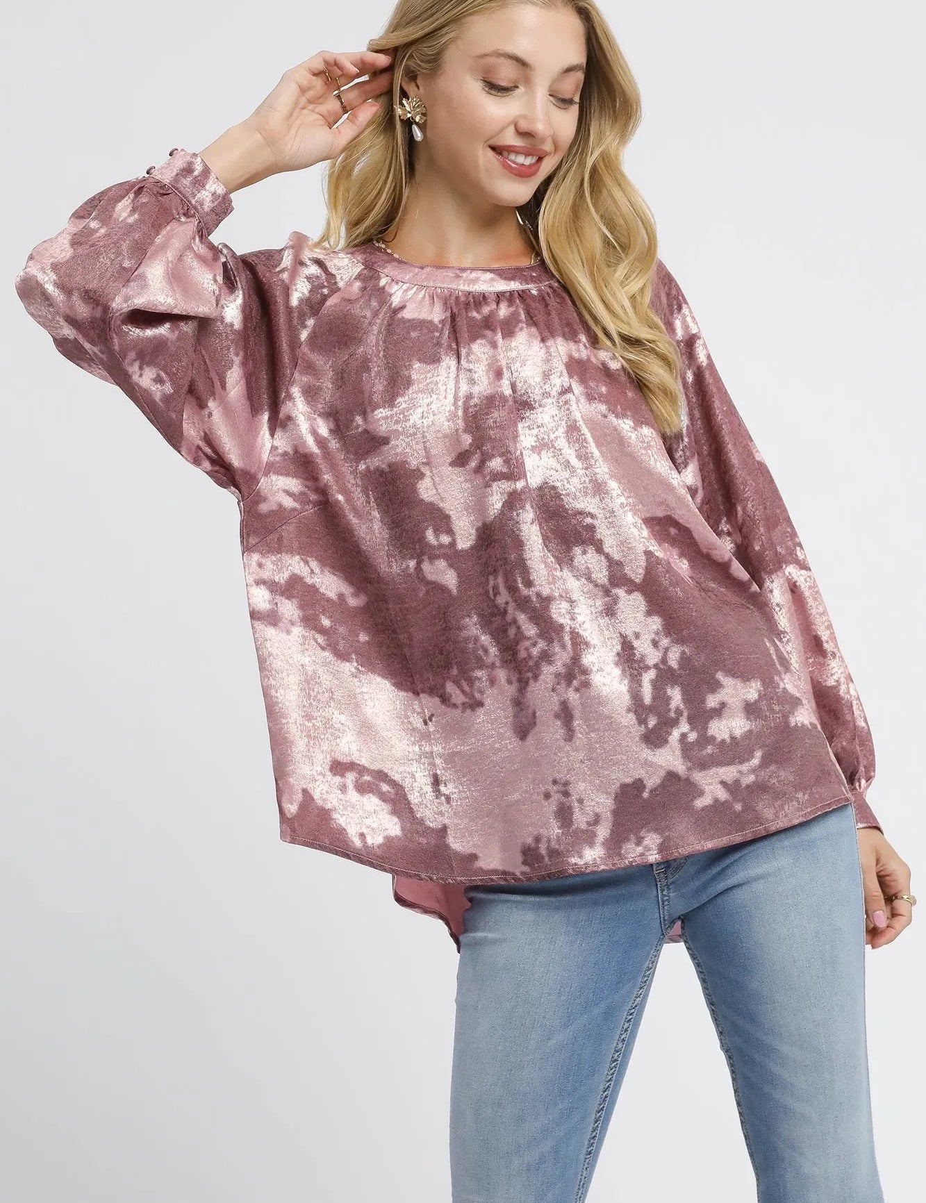 MERLOT Umgee Metallic Fabric Blouse with Balloon Sleeves | Daverri Fashions