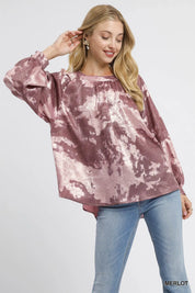MERLOT Umgee Metallic Fabric Blouse with Balloon Sleeves | Daverri Fashions