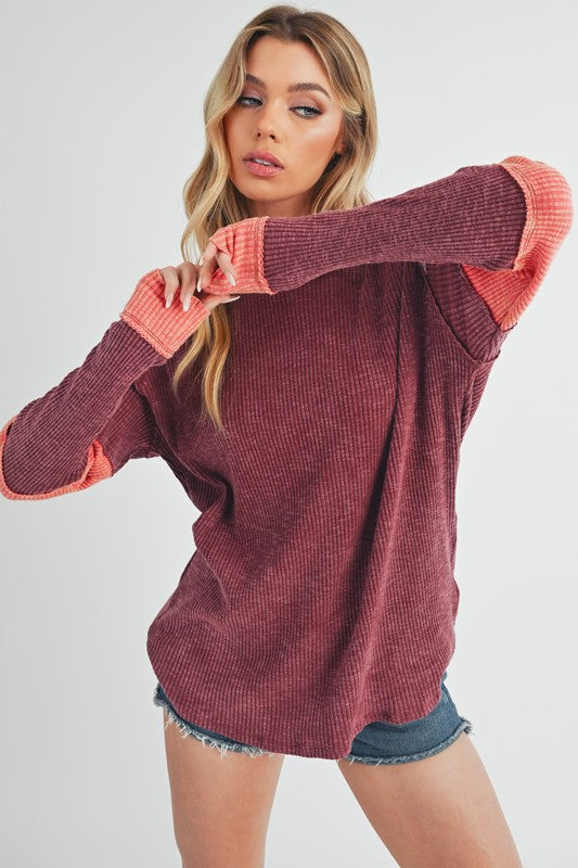 Aemi + Co Raw Seam Color Block Round Neck Knit Top