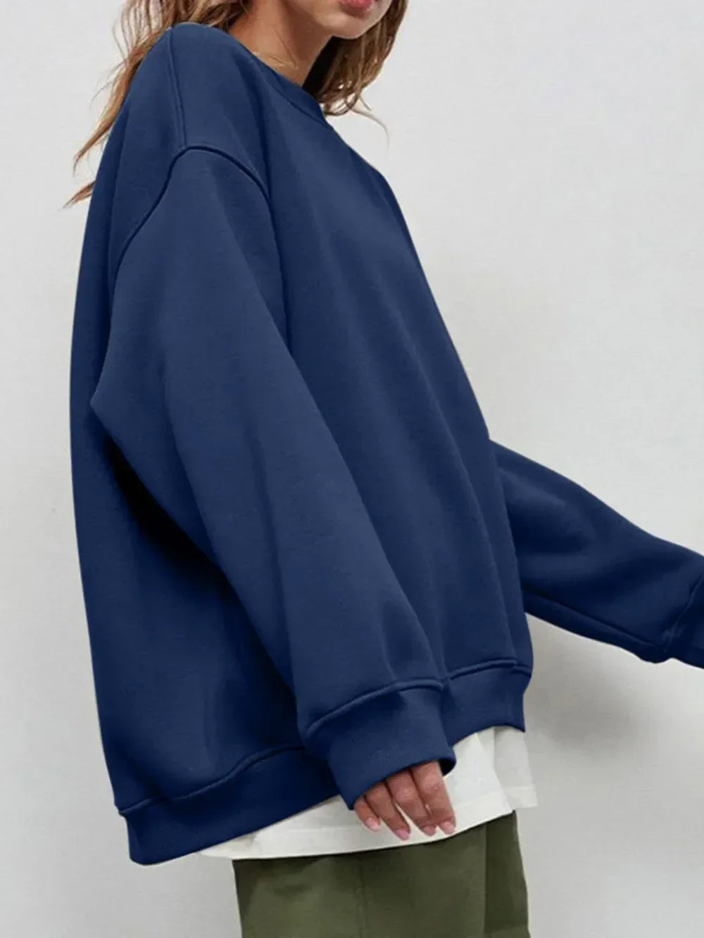 Round Neck Dropped Shoulder Long Sleeve Sweatshirt - DAVERRI FASHIONS