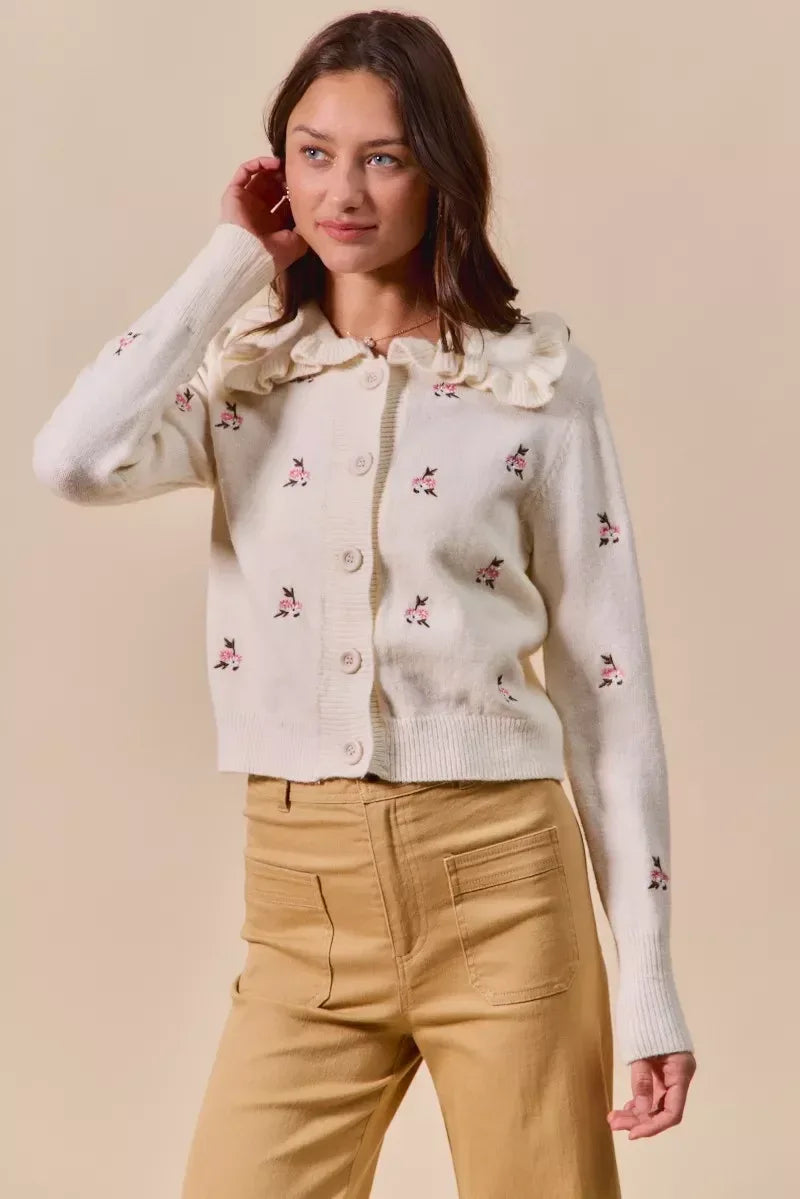 SO ME Collared Floral Embroidered Button Down Sweater Cardigan - DAVERRI FASHIONS