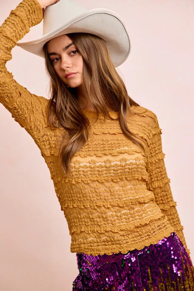 Mustard yellow textured BiBi ruffles detail sweater with round neckline