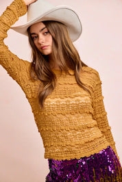 Mustard yellow textured BiBi ruffles detail sweater with round neckline