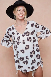 BiBi Leopard Printed V Neck Woven Top with Ruffled | Blouses Daverri Fashions