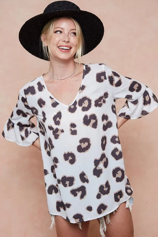 BiBi Leopard Printed V Neck Woven Top with Ruffled | Blouses Daverri Fashions