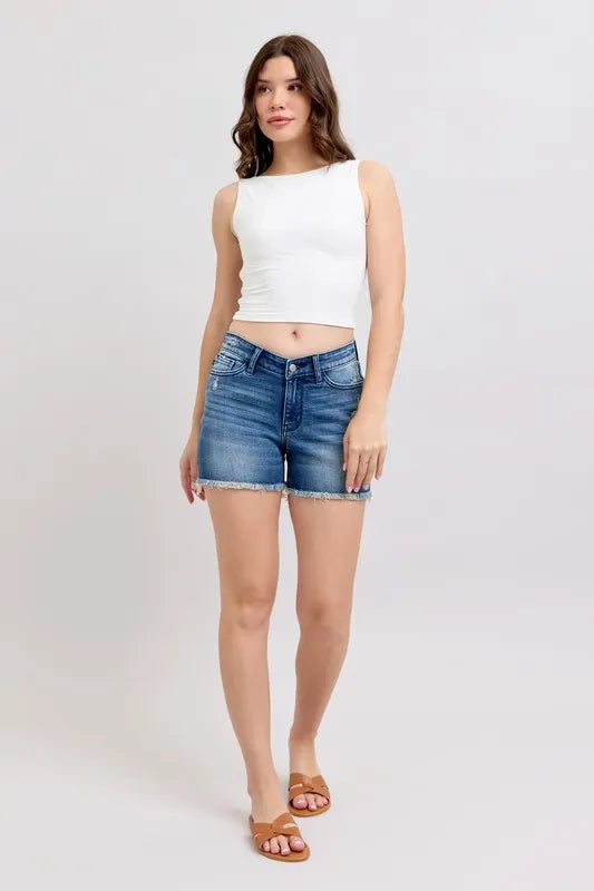 Judy Blue Full Size V-Front Denim Shorts with Shield Pockets Plus Size | Daverri Fashions