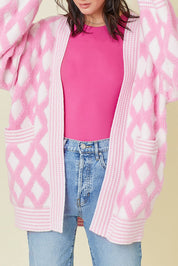 Pink Rhombus Pattern Open Front Pocketed Knit Cardigan