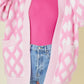 Pink rhombus pattern open front pocketed knit cardigan in pink and white