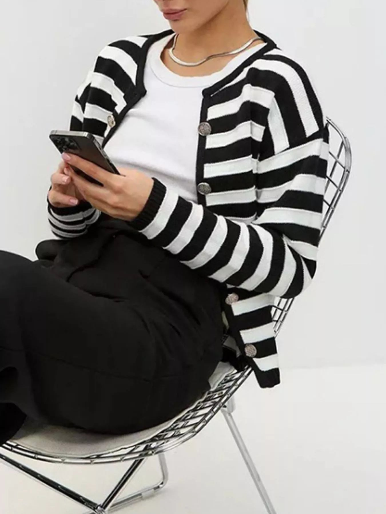 Daverri Fashions black and white striped knit cardigan with silver buttons