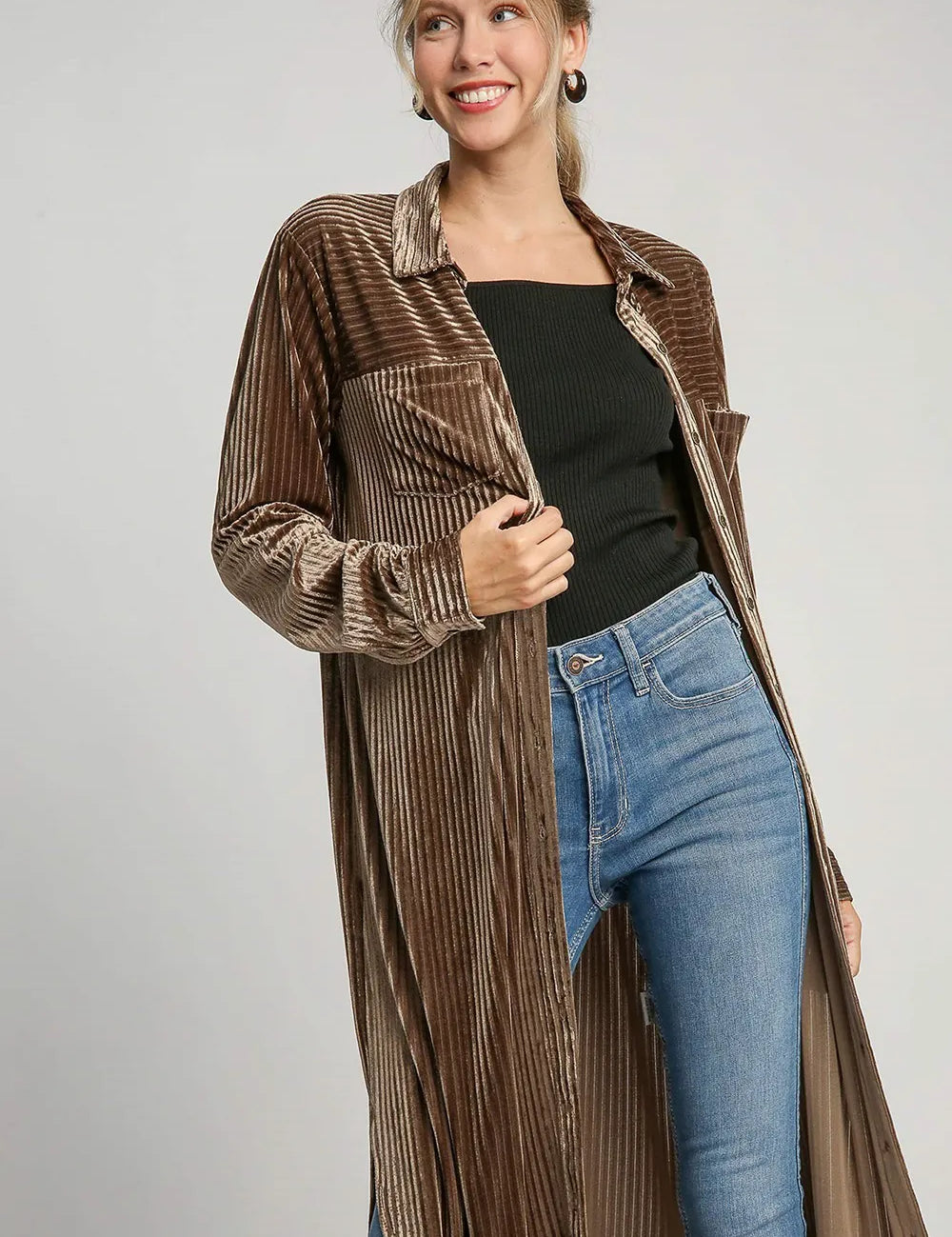 Brown Umgee Texture Curved Hem Button Down Shirt Dress | Daverri Fashions