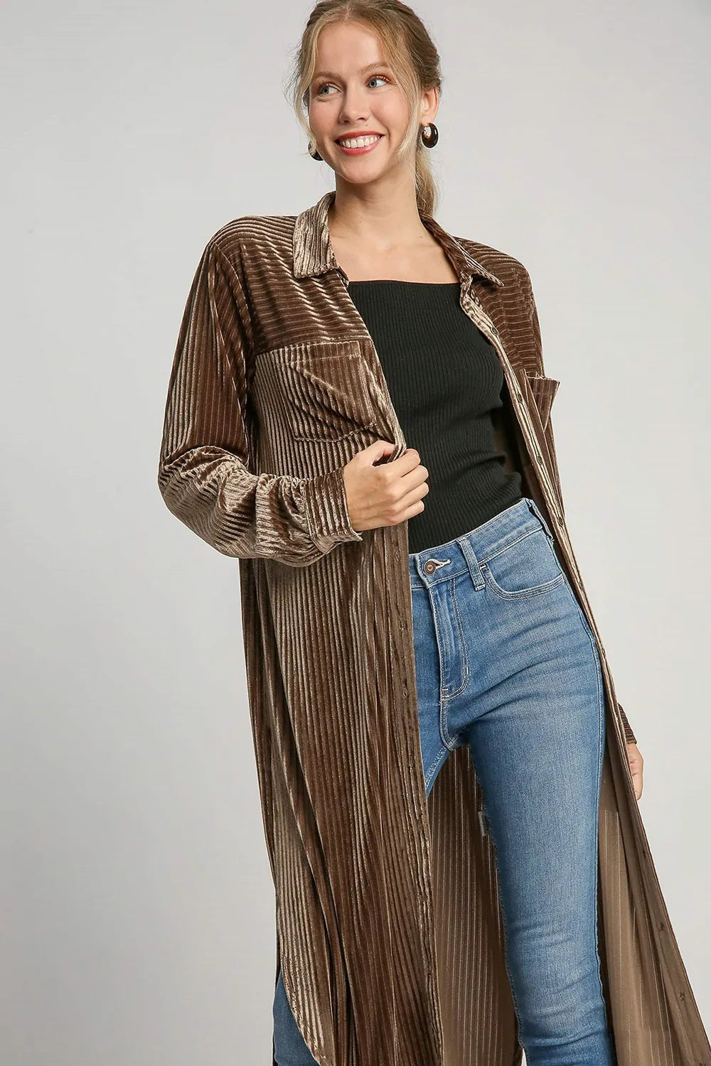Umgee Texture Curved Hem Button Down Shirt Dress Brown