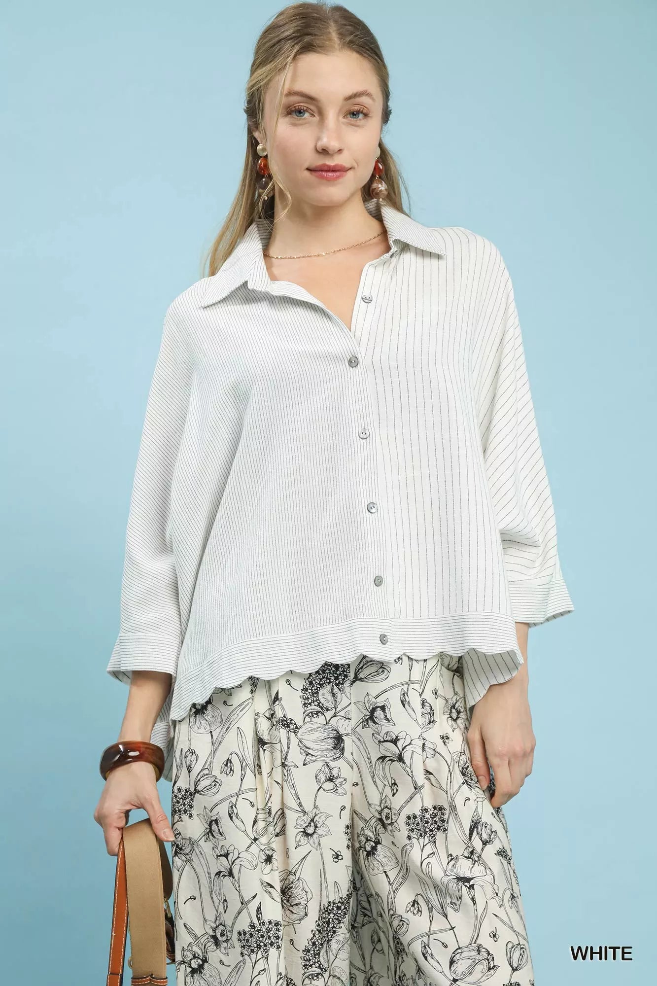 Umgee linen blend oversized striped button-down shirt with scalloped hem
