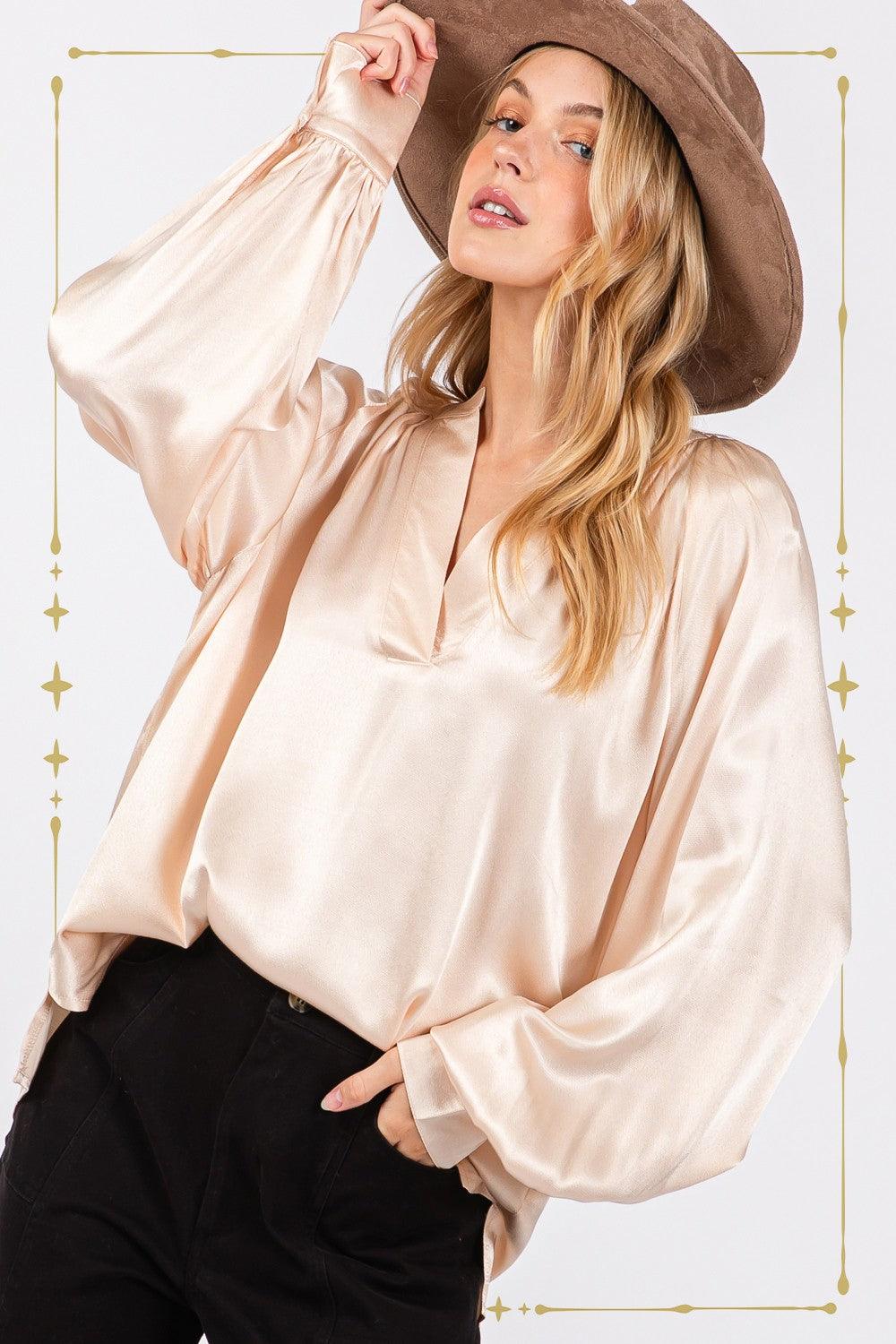 SAGE + FIG Notched Long Sleeve Blouse Blouses