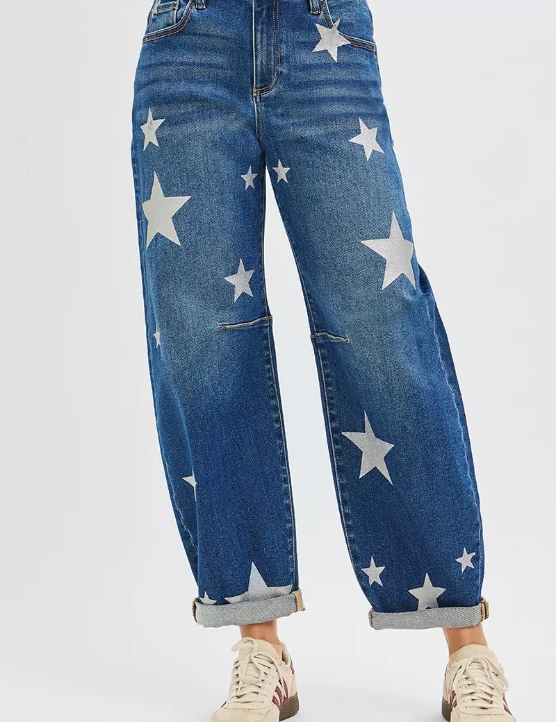 RISEN Mid Rise Ankle Length Relaxed Barrel Star Printed Jeans | Jeans Daverri Fashions