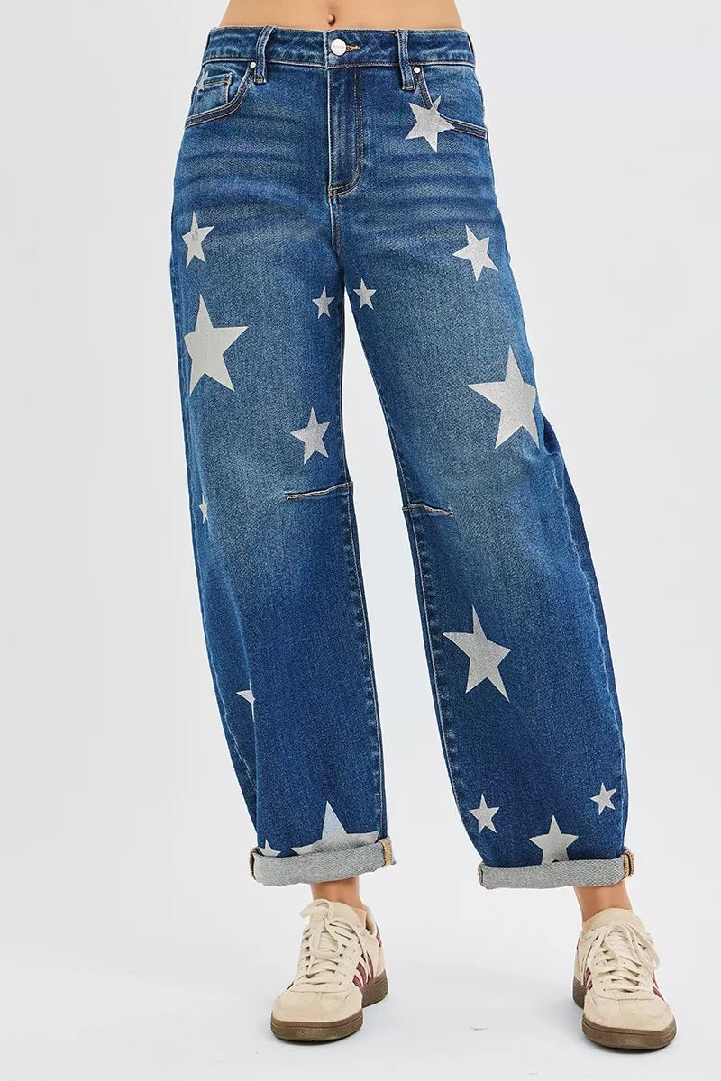RISEN Mid Rise Ankle Length Relaxed Barrel Star Printed Jeans | Jeans Daverri Fashions
