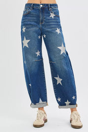 RISEN Mid Rise Ankle Length Relaxed Barrel Star Printed Jeans | Jeans Daverri Fashions