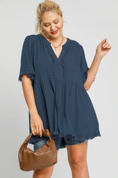 Umgee Full Size Raw Hem Notched Babydoll Linen Blouse Plus Size