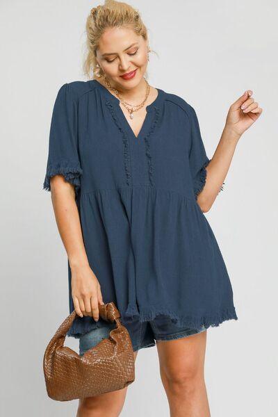 Umgee Full Size Raw Hem Notched Babydoll Linen Blouse Plus Size Blouses