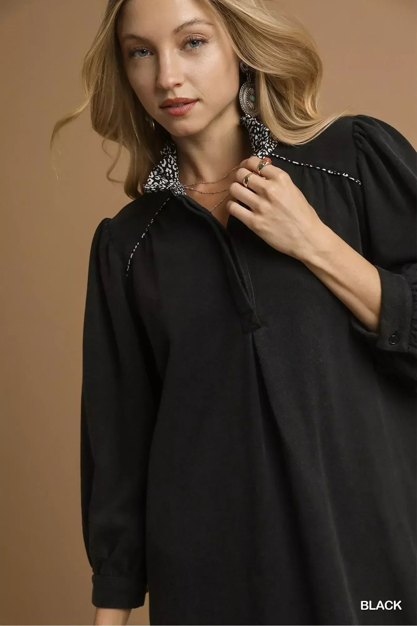 Umgee French Terry Balloon Sleeve Shift Dress with Leopard Print Detail - DAVERRI FASHIONS