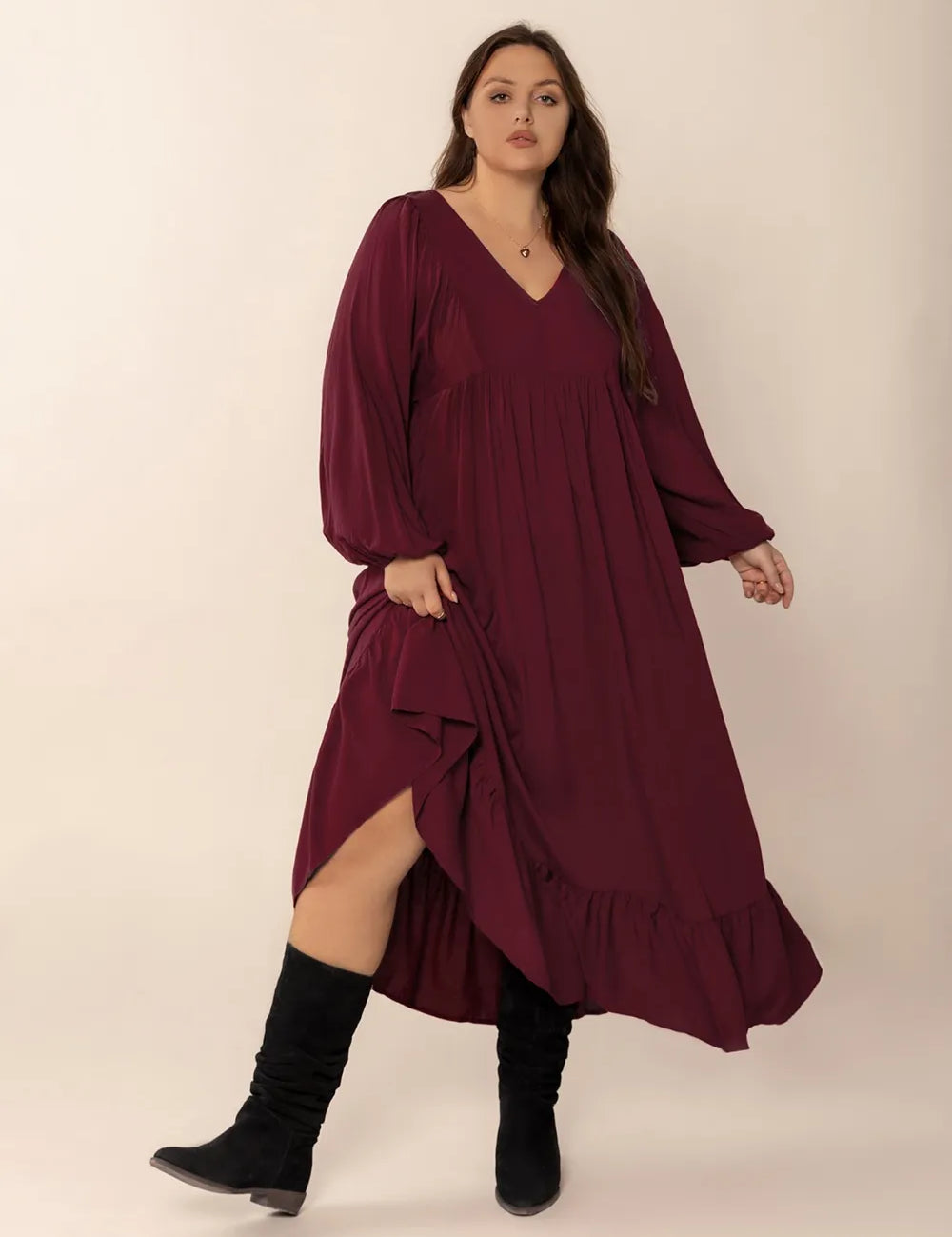 Burgundy Plus Size Ruffled Hem V-Neck Balloon Sleeve Dress | Daverri Fashions