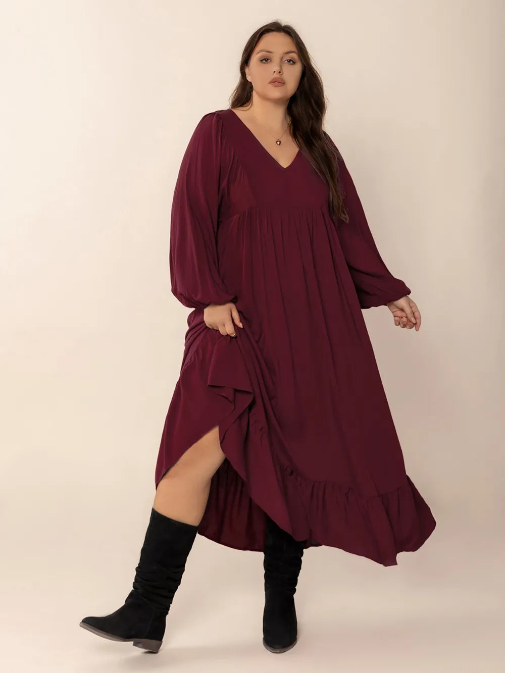 Burgundy Plus Size Ruffled Hem V-Neck Balloon Sleeve Dress | Daverri Fashions