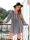 Plus size boho print V-neck long sleeve mini dress in navy white floral pattern