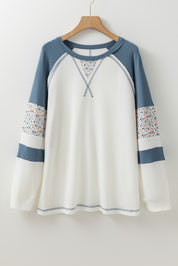White Floral Patchwork Waffle Knit Raglan Top | Tops/Long Sleeve Tops Daverri Fashions