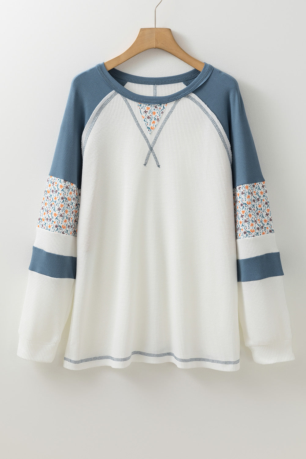 White Floral Patchwork Waffle Knit Raglan Top | Tops/Long Sleeve Tops Daverri Fashions