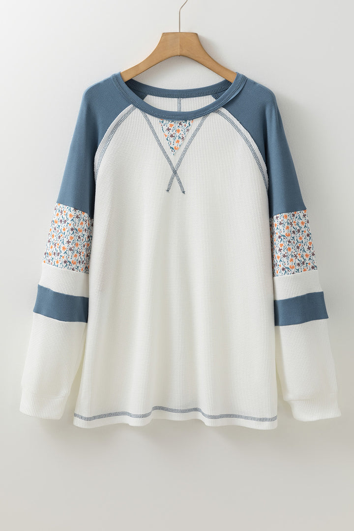 White Floral Patchwork Waffle Knit Raglan Top | Tops/Long Sleeve Tops Daverri Fashions