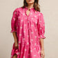 Vibrant pink BiBi ribbon patterns dress with scallop edges, white bow embroidery, ruffled short sleeves