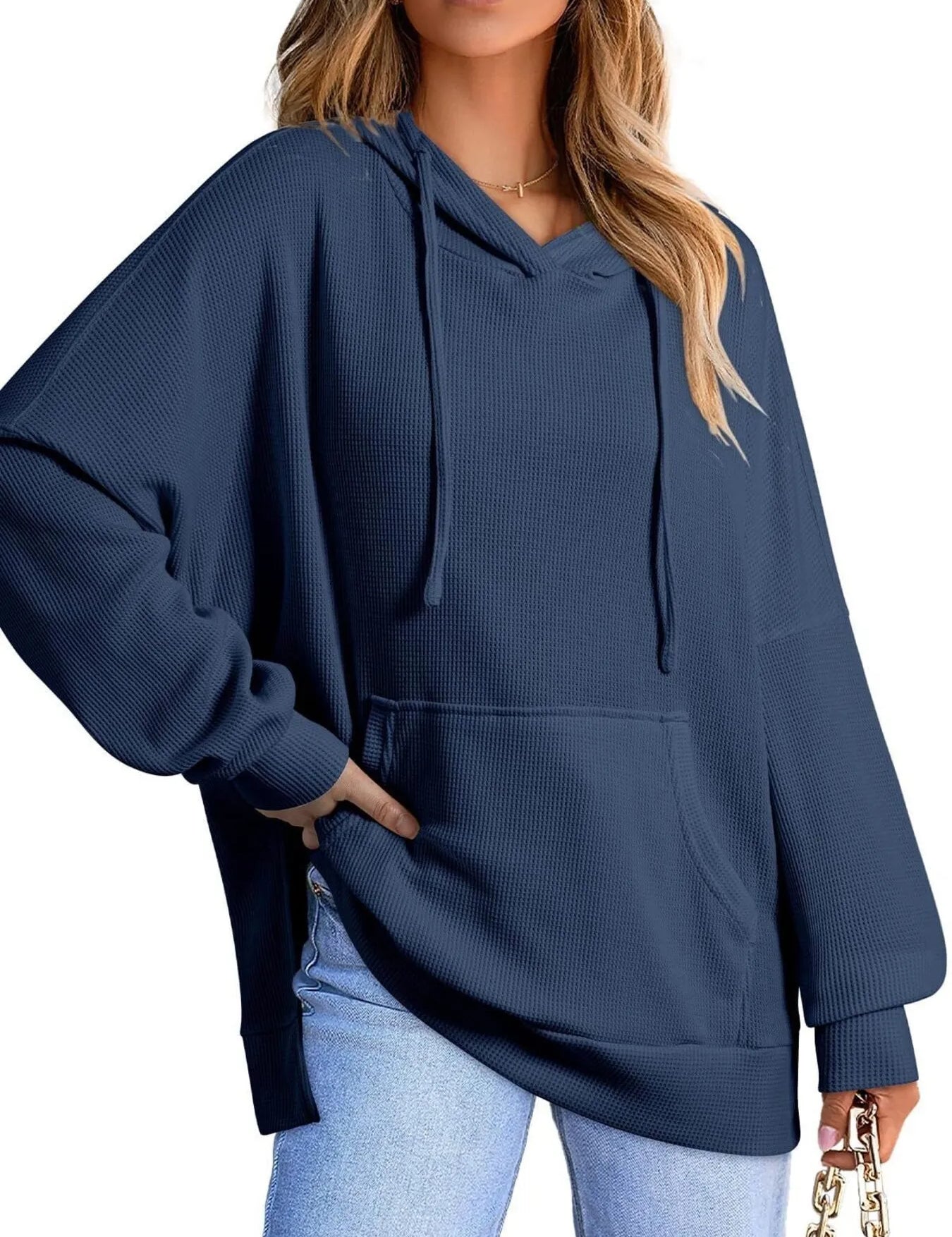 Navy Blue Slit Drawstring Waffle Knit Hoodie | Hoodies Daverri Fashions
