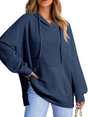 Navy Blue Slit Drawstring Waffle Knit Hoodie | Hoodies Daverri Fashions