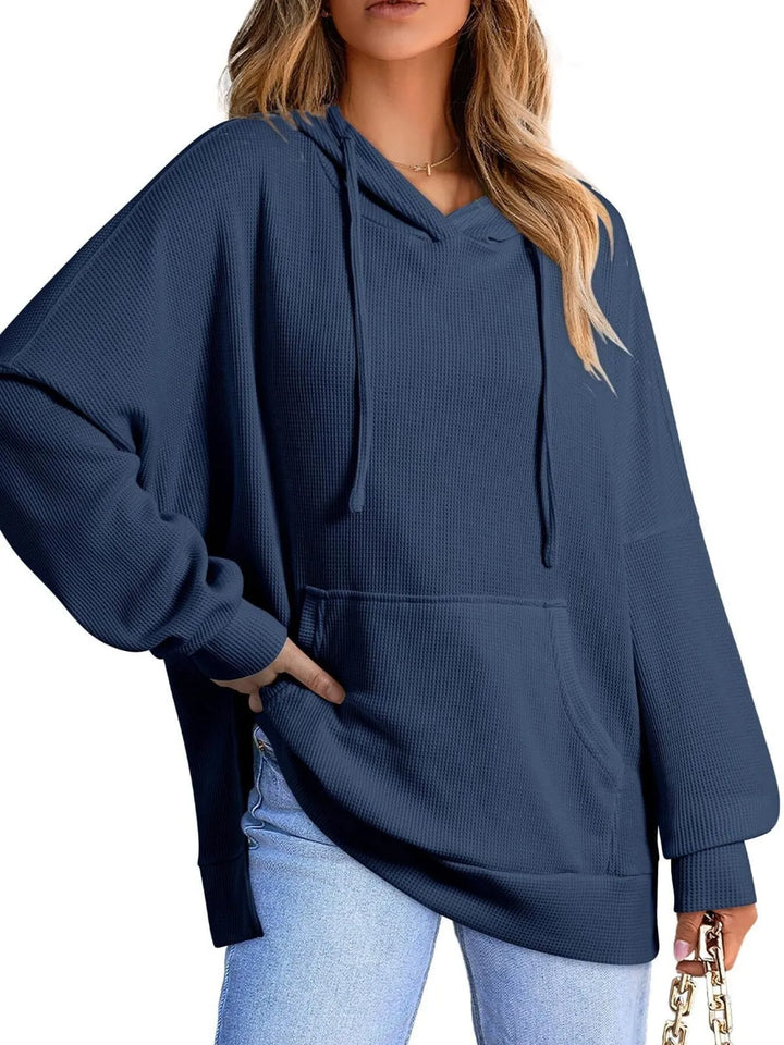 Navy Blue Slit Drawstring Waffle Knit Hoodie | Hoodies Daverri Fashions